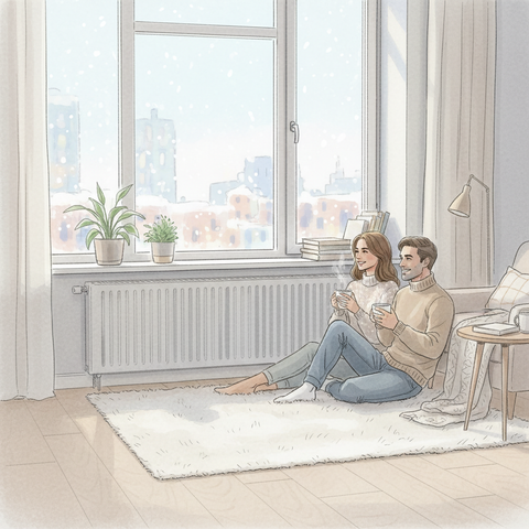 Современный радиатор отопления под окном в уютном интерьере квартиры, обеспечивающий комфортную температуру и эффективный обогрев дома в зимний период.