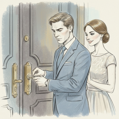 Человек пытается аккуратно повернуть ключ в заклинившем замке входной металлической двери, чтобы открыть её, если механизм заело или застрял ключ в личинке.