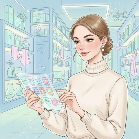 Покупатель выбирает товары в мобильном приложении маркетплейса на фоне концептуального цифрового гипермаркета с электроникой и декором, иллюстрируя принцип работы современной торговой площадки.