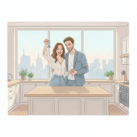 Счастливые новоселы в светлой уютной кухне новой квартиры с панорамными окнами радуются получению ключей после успешного оформления ипотеки на жилье.