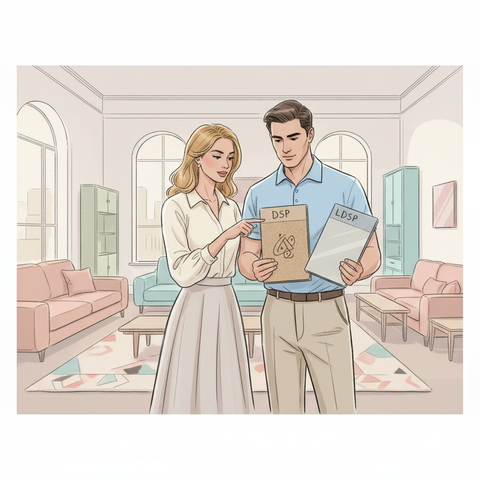 Человек выбирает мебель в салоне, сравнивая образцы ДСП и ЛДСП, чтобы понять, в чем разница между материалами и что лучше подойдет для интерьера квартиры.