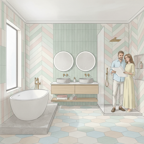 Современный интерьер ванной комнаты 2026 года со стильной плиткой и новой сантехникой — пример качественного планирования и начала ремонта в санузле.