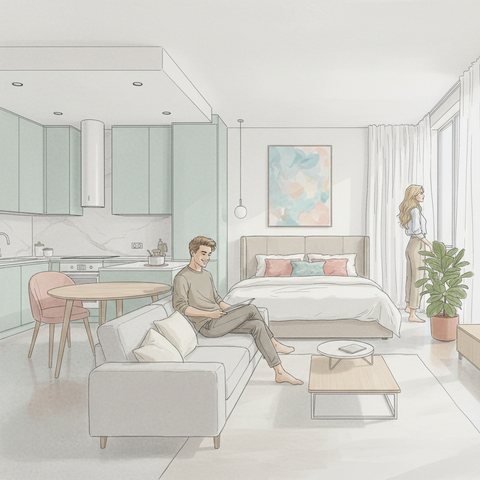 Современный интерьер квартиры-студии с открытой планировкой, объединяющий зону кухни, гостиную и спальню в едином светлом пространстве.