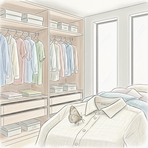 Бабочка платяной моли на одежде из натуральной ткани в светлом интерьере современной гардеробной комнаты.