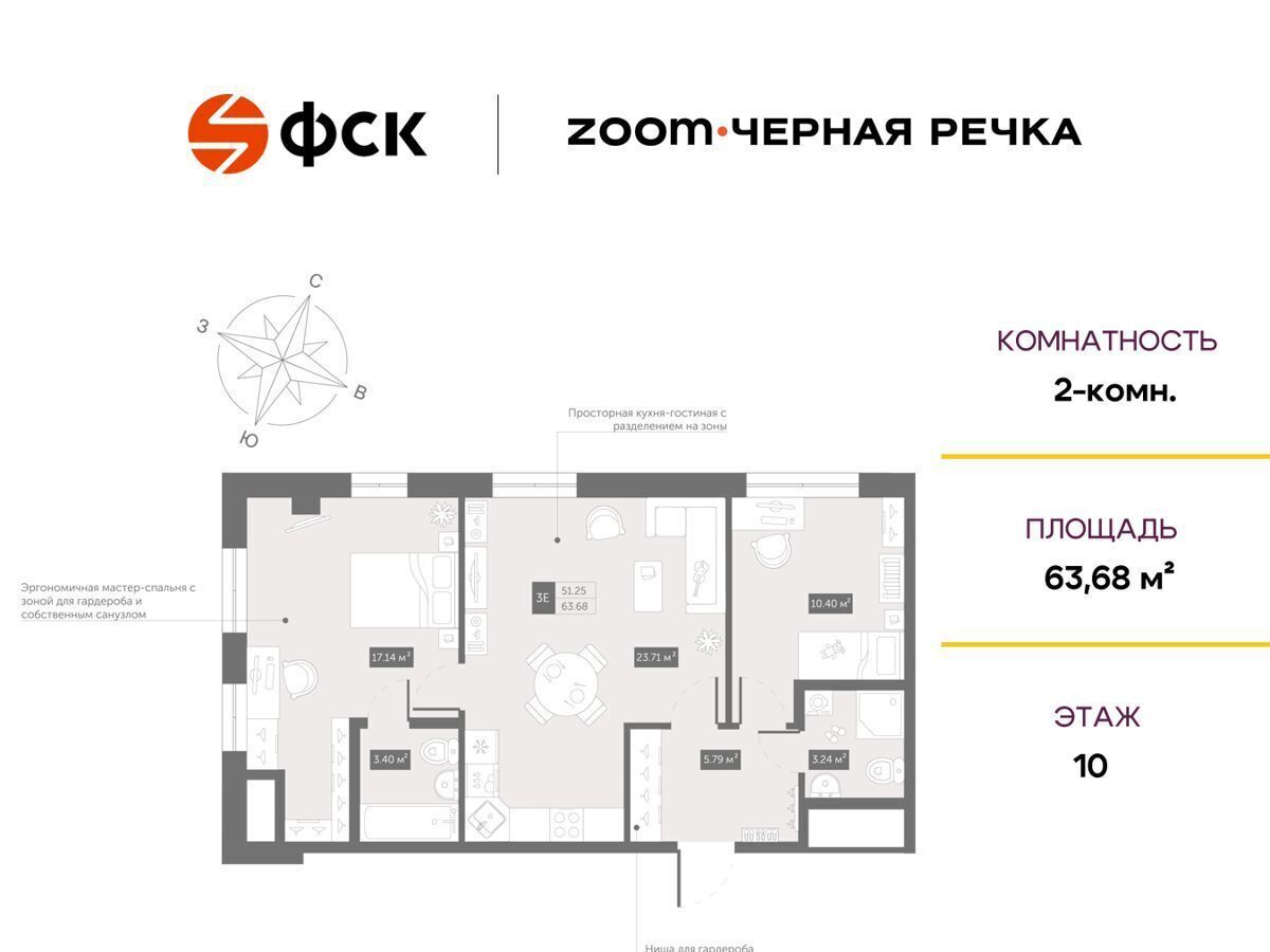 квартира г Санкт-Петербург Выборгская сторона Черная Речка пр-кт Коломяжский 4 Апарт-комплекс «Zoom Черная Речка» лит. А фото 1