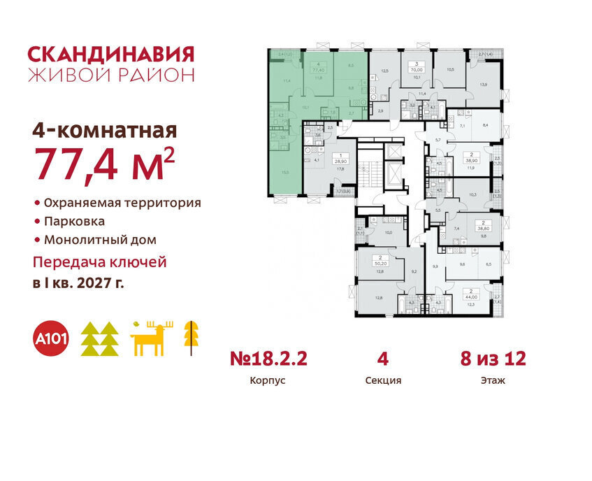 квартира г Москва п Сосенское жилой район «Скандинавия» метро Коммунарка метро Бунинская аллея ТиНАО жилой комплекс Скандинавия, 18. 2.2 фото 2