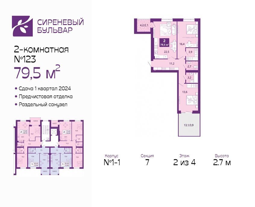 квартира г Калининград р-н Ленинградский ул Ключевая 27в ЖК «Сиреневый бульвар» фото 1