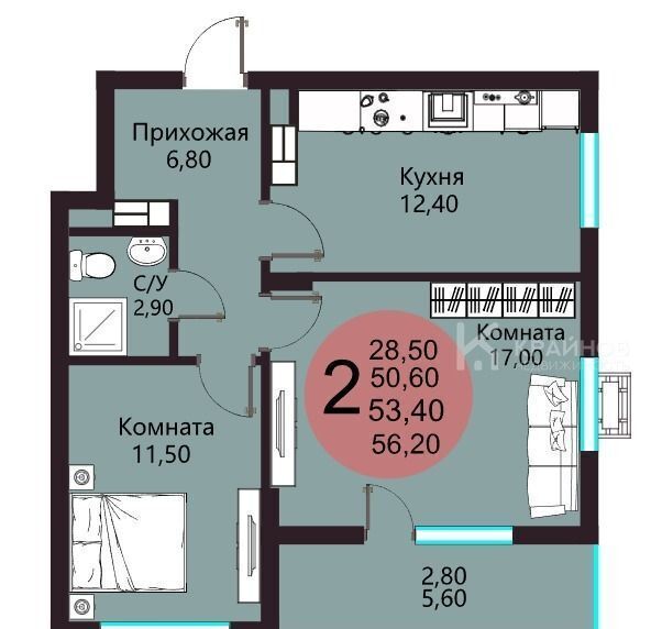 квартира г Воронеж р-н Железнодорожный ул Остужева 52/5 ЖК «Ключи CLUB» фото 2