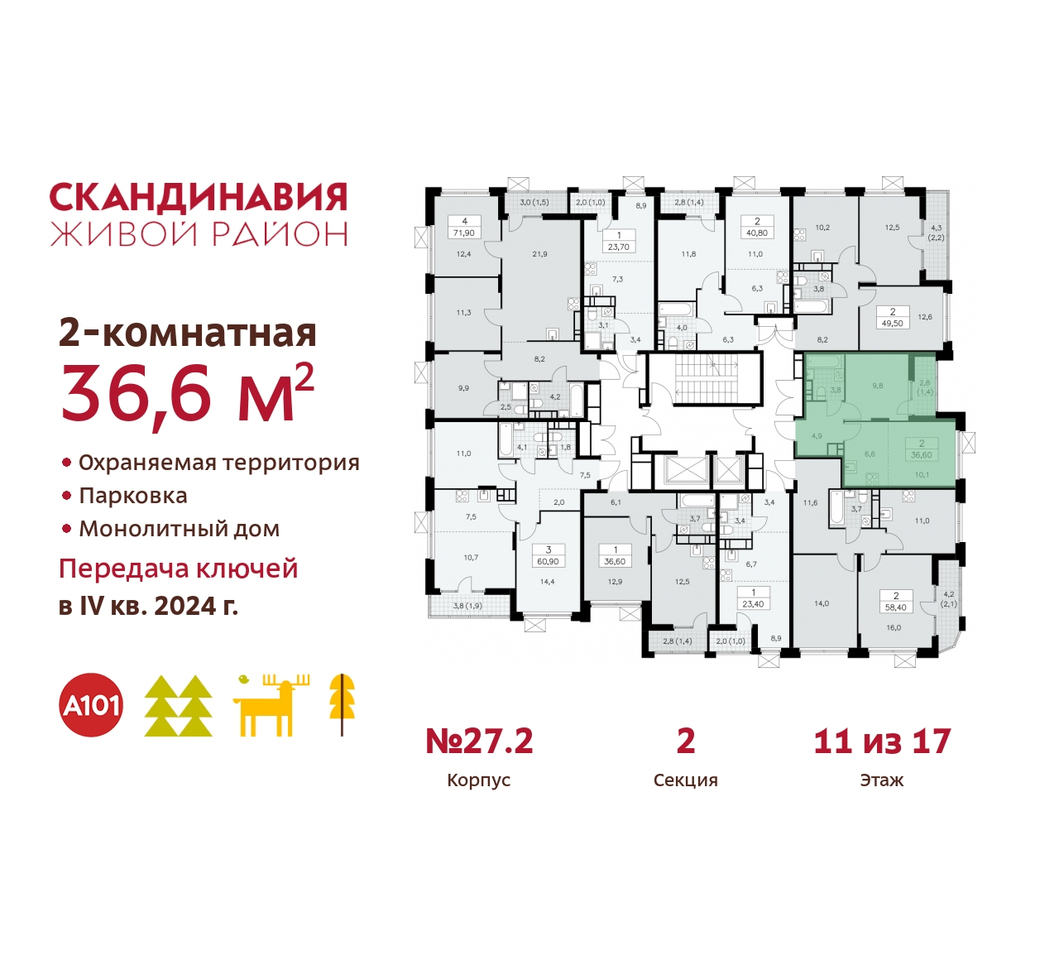 квартира г Москва п Сосенское жилой район «Скандинавия» Сосенское, жилой комплекс Скандинавия, к 27. 2, Бутово фото 2