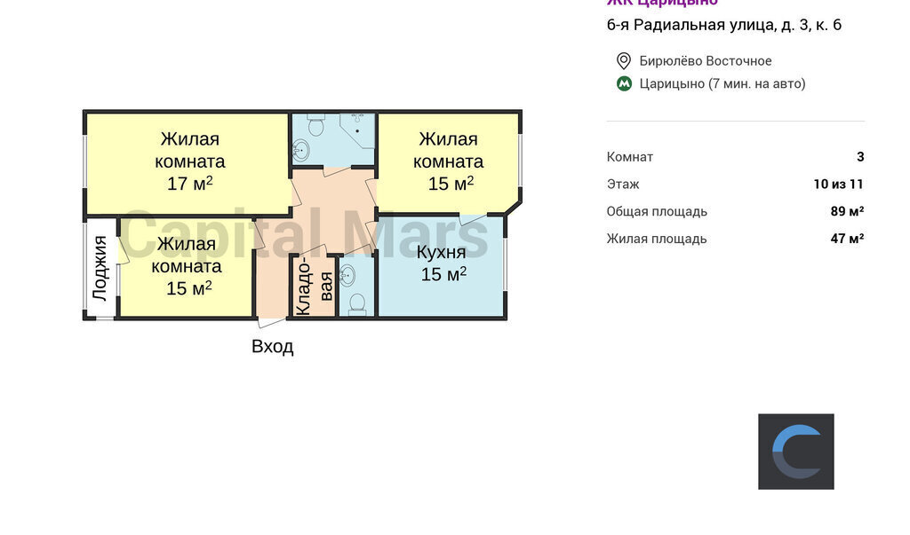 квартира г Москва метро Царицыно ул 6-я Радиальная 3к/6 микрорайон «Царицыно 1» муниципальный округ Бирюлёво Восточное фото 3