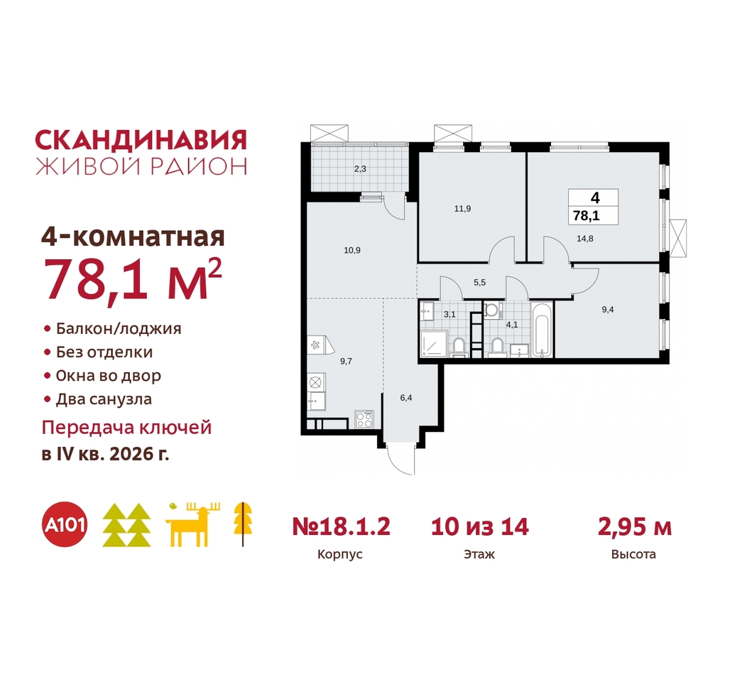 квартира г Москва п Сосенское жилой район «Скандинавия» Сосенское, жилой комплекс Скандинавия, 18. 1.2, Бутово фото 1