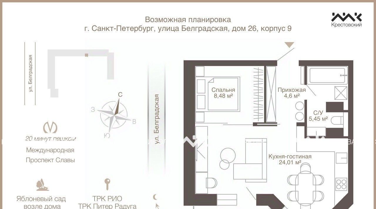 квартира г Санкт-Петербург метро Международная ул Белградская 26к/9 округ Купчино фото 22