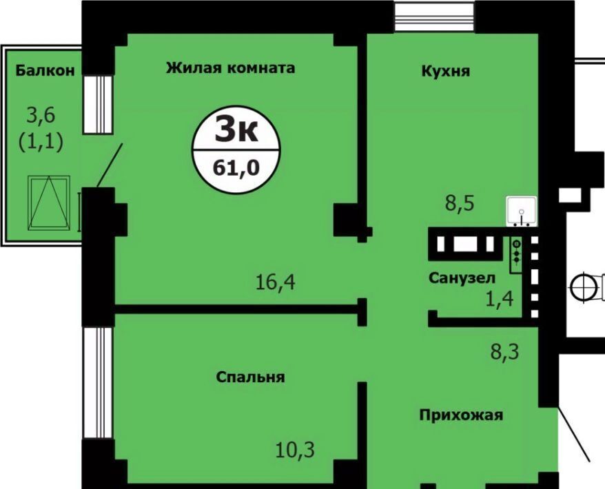квартира г Красноярск р-н Октябрьский Сад № 2 Локомотивного Депо СНТ, 58 фото 1