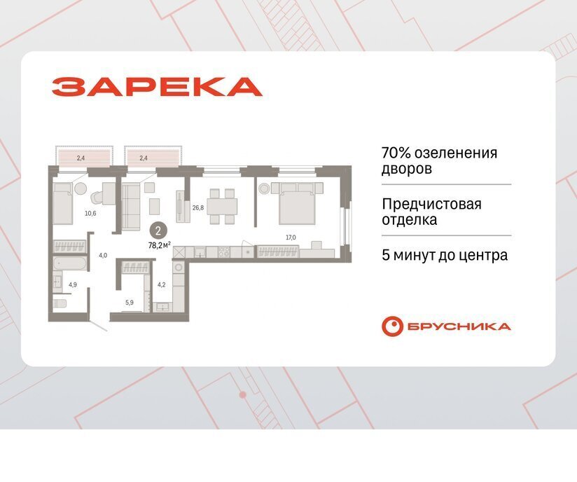 квартира г Тюмень ул Мысовская 26к/2 ЖК «Зарека» Центральный административный округ фото 1