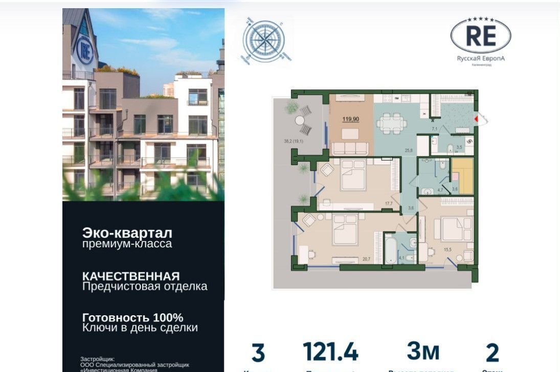 квартира г Калининград р-н Ленинградский ЖК «Русская Европа» ул. Суздальская/Молодой Гвардии, стр. 5 фото 2