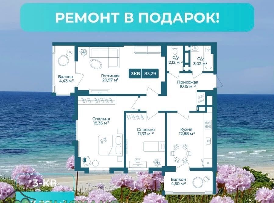квартира г Новороссийск р-н Южный пр-кт Дзержинского 244к/2 ЖК «Золотой берег» фото 1